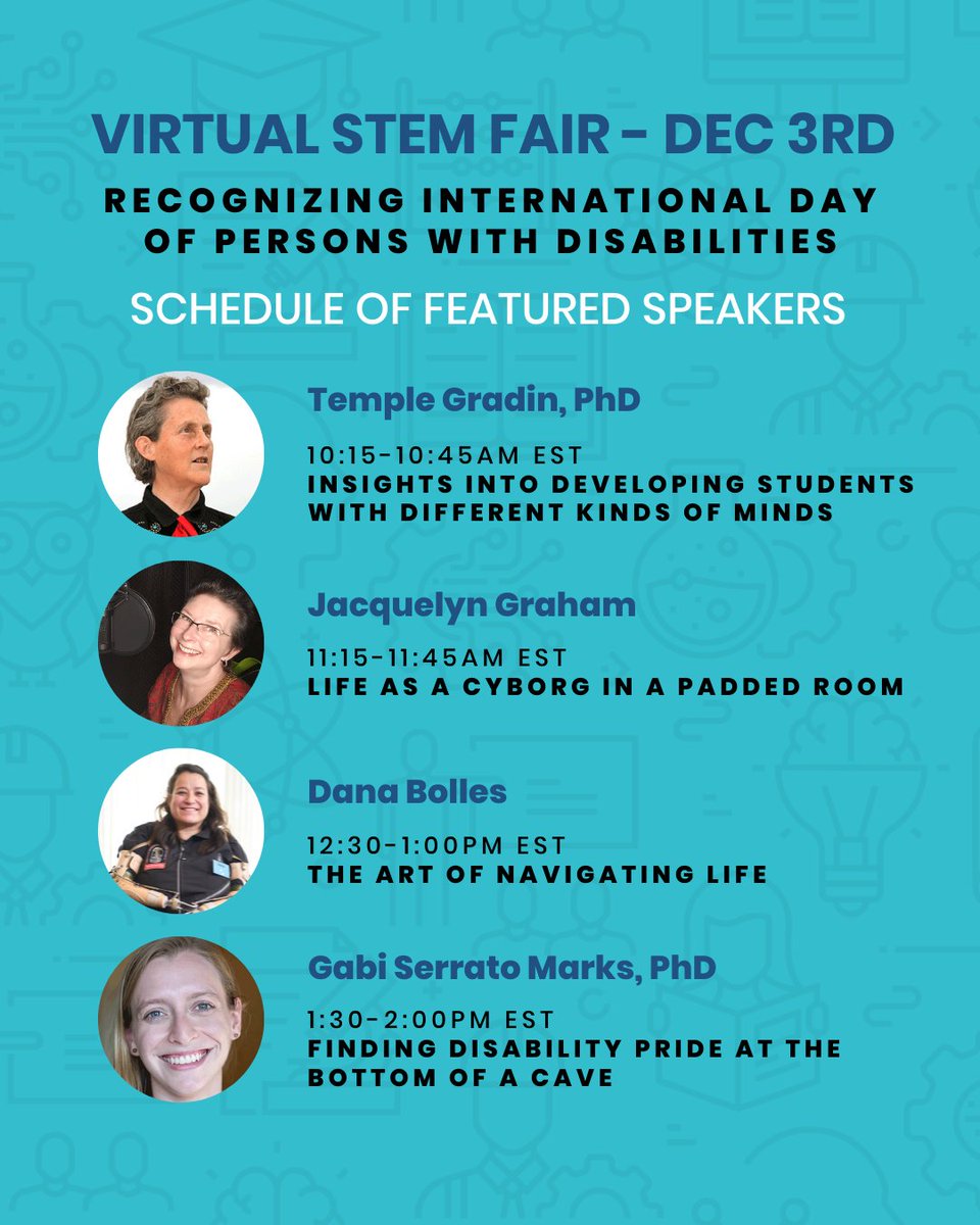 SavvasLearning's tweet photo. Join us in recognizing #InternationalDayofPersonsWithDisabilities with our #VirtualSTEMFair! Our schedule of speakers includes @DrTempleGrandin @NASA's Dana Bolles, voice actor Jacquelyn Graham, & @gserratomarks PhD.
Register: https://t.co/RE5jCKd5mm https://t.co/PVoE5x6IEr