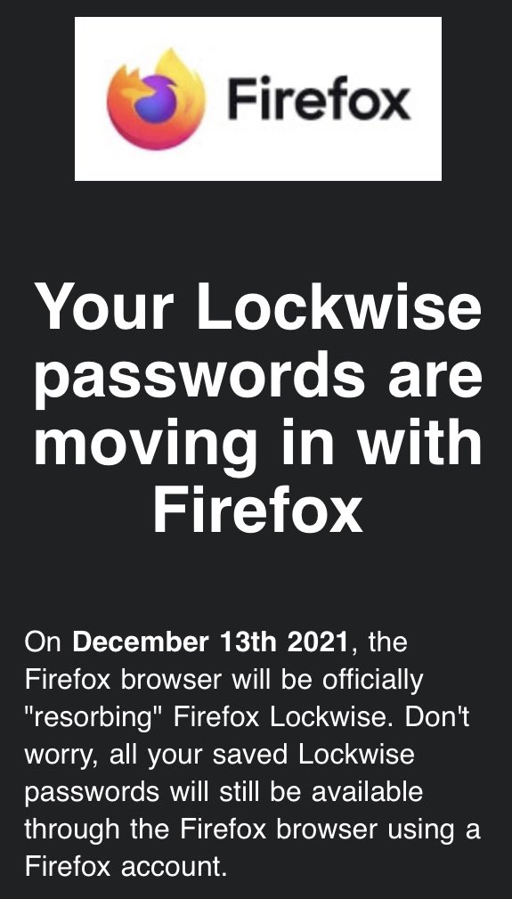 terazihan's tweet image. #Mozilla #Firefox kullanıcısı olarak severek kullandığım #Lockwise uygulaması kaldırılıyormuş, gelen mail ile öğrendim. Tüm bilgiler Firefox içine taşınıyor, oradan devam edecekmişiz. Umarım kullanımında bir sorun teşkil etmez, hatta daha pratik bir hal alırsa tadından da yenmez.