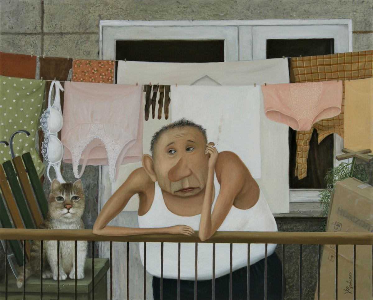 Having a smoke on the balcony is a chap that looks more than a bit like Putin to me. 🧐 The painting is by Russian artist Valentin Gubarev.