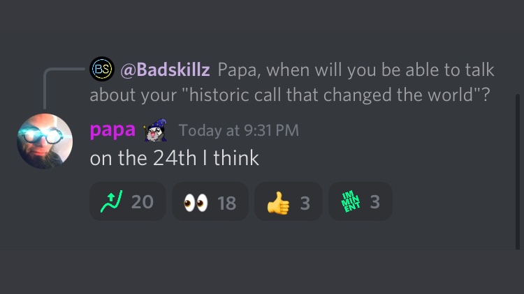 SafemoonWarrior's tweet photo. #SAFEMOON 
Q: Papa, when will you be able to talk about your "historic call that changed the world"?
Papa: On the 24 I think. https://t.co/ihkwAFB9Wk