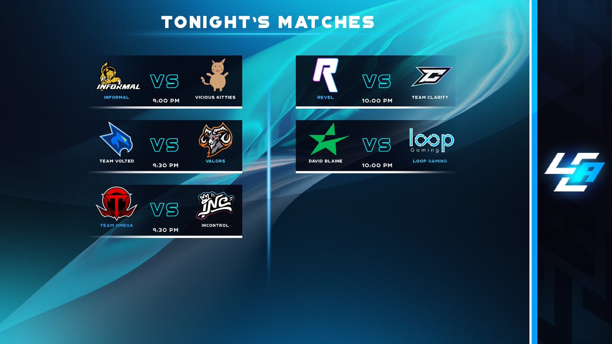 LCABroadcasting's tweet image. Tonight's matches covered by LCA! 🚨

⚔️ @Informal_GG vs #ViciousKitties
🎙️ @pocke7watch 

⚔️ @TeamVolted vs @Valorsgg 
🎙️ @BignTallMatt / @AllinGaming23 

⚔️ @TeamOmegaGames vs @InControlNation 
🎙️ @AngelOfBattle07 

1/2