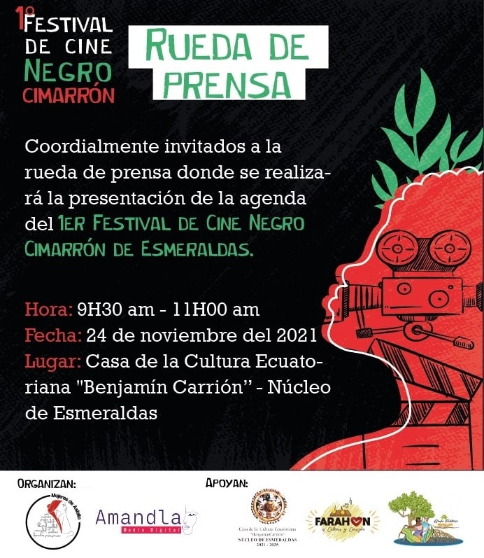 AMANDLAMedio's tweet photo. 📹 #RuedaDePrensa  del  1er #FestivalDeCineNegroCimarron en Esmeraldas.

Hora: 09:30 am

Lugar: Casa de la Cultura Núcleo de Esmeraldas 
.
.
.
#festivaldecine #esmeraldas #ecuador #afrodiaspora #cinecomunitario #cine #festival https://t.co/PTfEtkew16