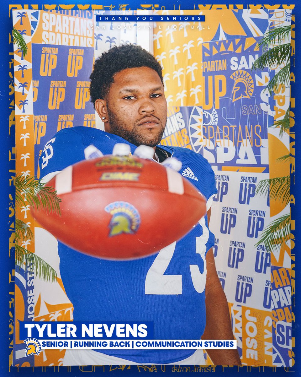 SanJoseStateFB's tweet photo. Thank you, seniors 🤝
 
⚔️ @tynevens23 
🏈 Running Back
🎓 Bachelor of Arts in Communication Studies 
 
#SpartanUp | #ClimbTheMountain https://t.co/EuClt4RhrD