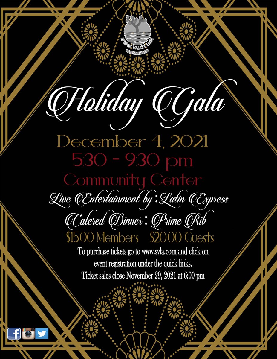 SVL_Association's tweet photo. Get your tickets for the Holiday Gala before November 29, 2021 ๐โณ
#svla #springvalleylake https://t.co/qA4dTOArvU