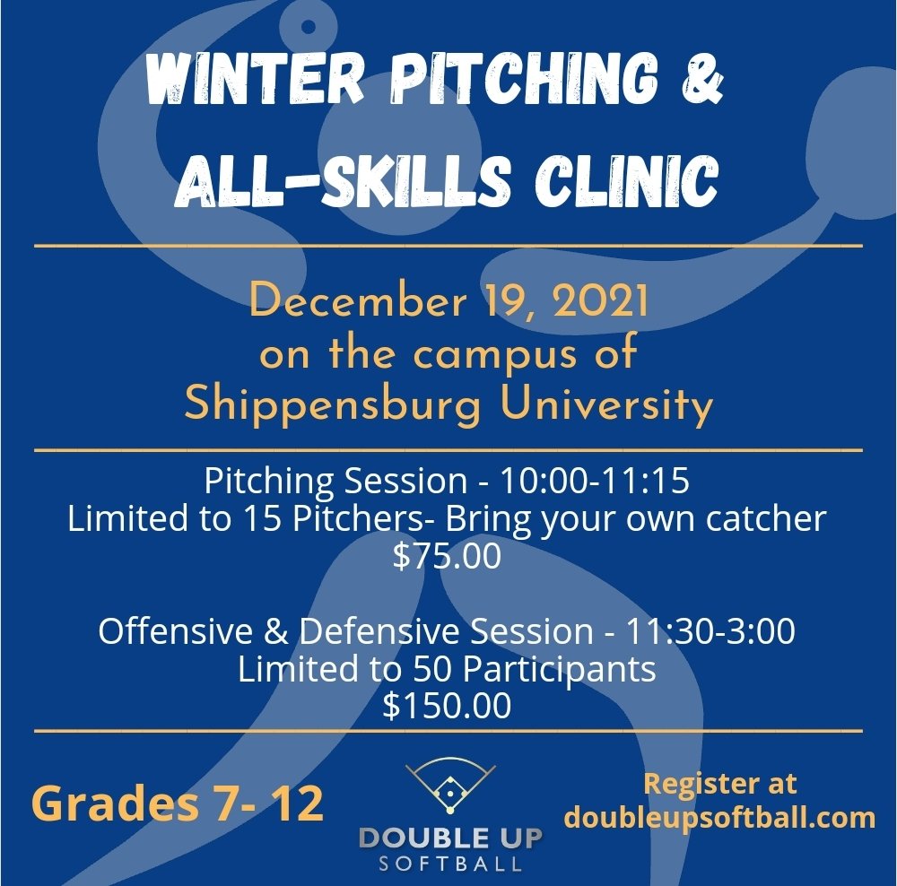 DoubleUpSball's tweet photo. Our full array of clinics is up and available!

Dec. 19- Pitching and All-skills clinic on the campus of Shippensburg University

Jan. 9- All-skill sessions at Wicked Valley Sports in Shamokin, PA

Jan. 17- A college showcase with Ship U, WCU, SHU, &amp; Shepherd! https://t.co/tya7h32pJ9