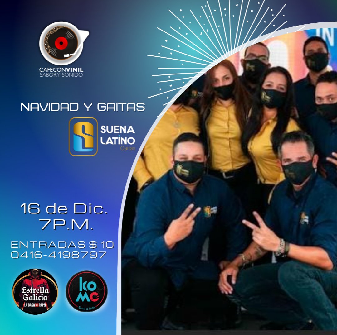 cafeconvinil's tweet image. El próximo 16 de diciembre se presentará en los espacios del Trasnocho Cultural - Rest. Komoccs, en el marco de la programación @CafeconVinil  Navidad y Gaitas Suena Latina Gaitas. A partir de las 7:00 pm. entrada 10$

Disfrutaremos de un recorrido musical de las mejores gaitas