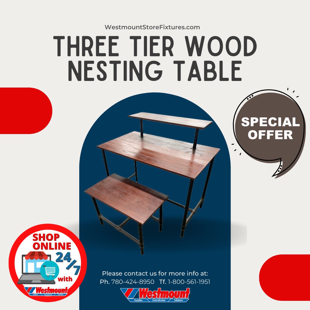 wsfixtures_'s tweet image. This display table is definitely stylish, unique and a compact solution to display numerous items on the sales floor. Perfect for clothing, lightweight items, accessories and more!⁠ Sold as a set only.

#displays #yeg #NestingTables #clothing 
@Official_WEM @HomeSenseCanada