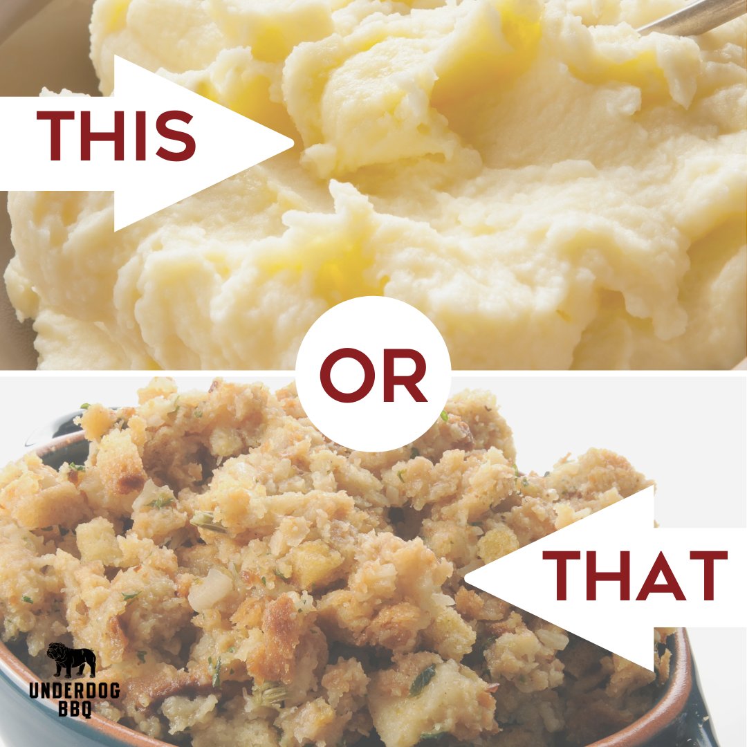 Underdog_BBQ's tweet photo. We're just a few days away from Thanksgiving! So, let's settle the debate for the best sides: Mashed Potatoes or Stuffing? 

(We think either go great with some of our BBQ sauce 😉) https://t.co/4YSC3FPCEp