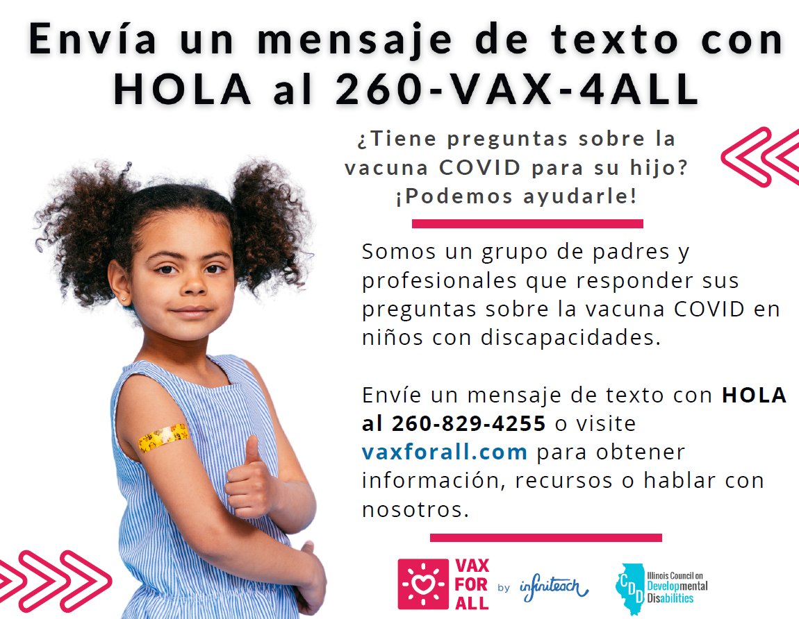 ICDD (@ilcouncilondd) on Twitter photo Nos complace ayudar a nuestros socios @infiniteach a lanzar vax para todos. Obtenga respuestas a sus preguntas por mensaje de texto. ¡Tengamos unas vacaciones seguras!
<a href="/ACLgov/">ACLgov</a> <a href="/GovPritzker/">Governor JB Pritzker</a> <a href="/ILHumanServices/">Illinois DHS</a> <a href="/NACDD/">NACDD</a> Nos complace ayudar a nuestros socios @infiniteach a lanzar vax para todos. Obtenga respuestas a sus preguntas por mensaje de texto. ¡Tengamos unas vacaciones seguras!
<a href="/ACLgov/">ACLgov</a> <a href="/GovPritzker/">Governor JB Pritzker</a> <a href="/ILHumanServices/">Illinois DHS</a> <a href="/NACDD/">NACDD</a>