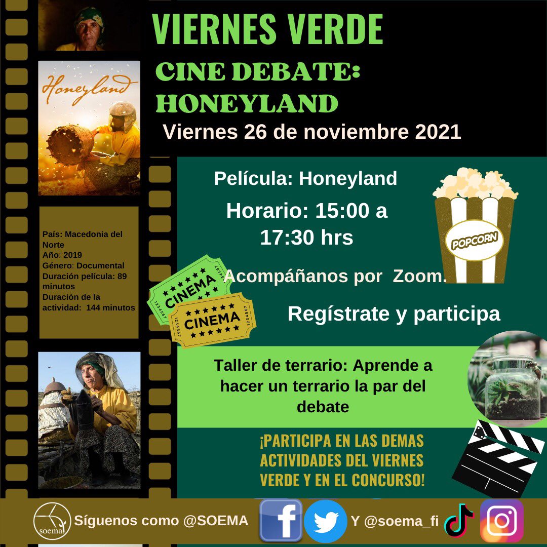💚📽️¡Cine debate!📽️💚
Disfruta de la película "Honeyland" y participa en el debate mientras aprendes a producir tu propio terrario
Recuerdas que podrás estar participando en el concurso
Y no olvides registrarte en este viernes verde que viene con todo 👉 forms.gle/vZ2eoBi9W9CcHC…