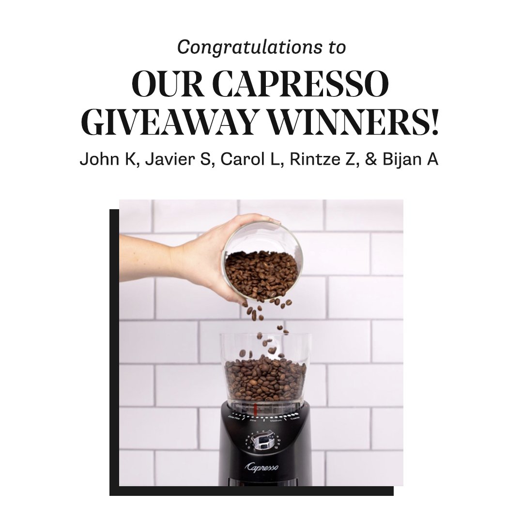 wholelattelove's tweet photo. Congratulations to the FIVE lucky #Capresso Infinity Plus Conical Burr Coffee Grinder Giveaway winners! We cannot wait to send these mighty grinders to their new homes. Thank you to @CapressoTweets for sharing the #coffee love with us! ☕️ https://t.co/fWZGvhWDt3