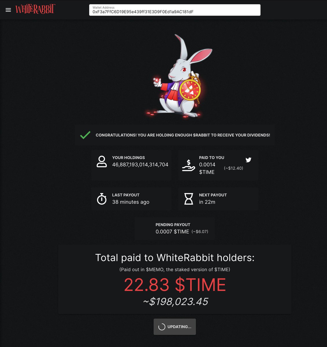 whiskeypoops's tweet photo. @whiterabbitavax Not a massive bag but getting my $TIME as promised thanks to $RABBIT 🎩🐸 https://t.co/K06QXHjPvG
