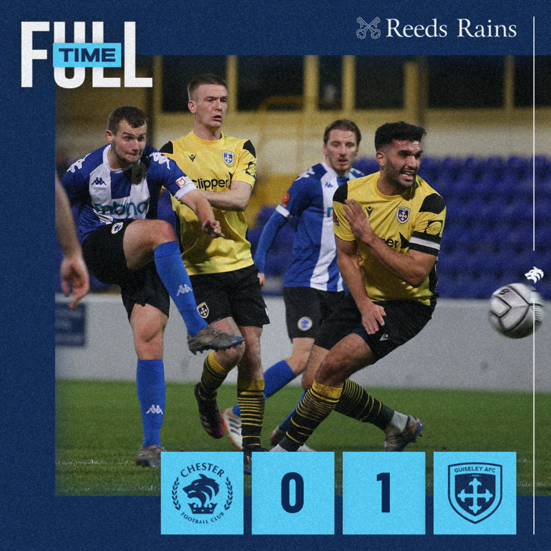 ChesterFC's tweet photo. FT: #ChesterFC 0-1 @GuiseleyAFC.

Lewis Hey's strike in the second half is the difference tonight.

🔵⚪️ #CFCGUI #InItTogether