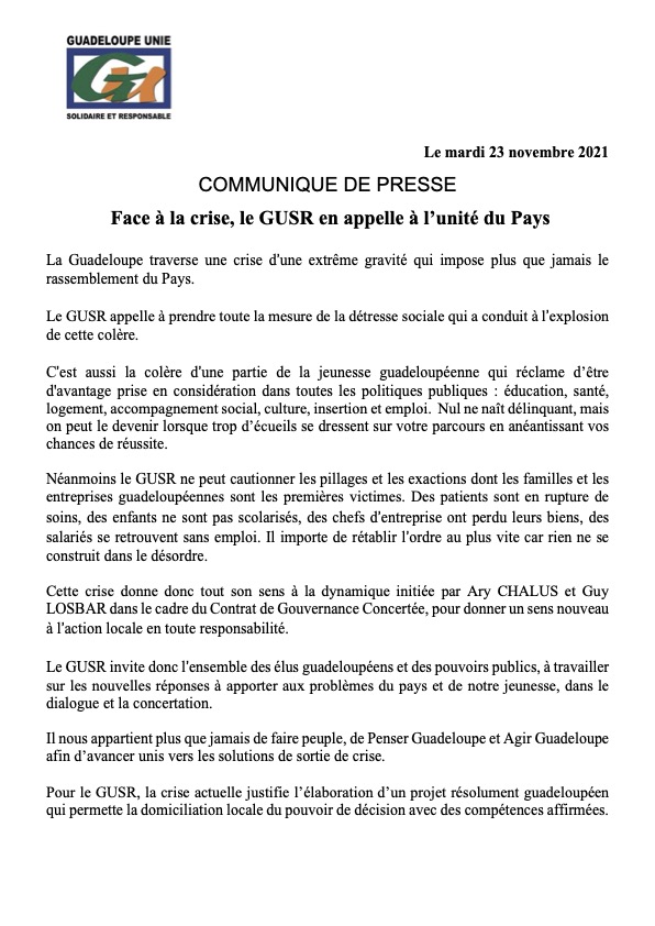 SenateurDTheoph's tweet photo. La #Guadeloupe traverse une crise d’une extrême gravité qui impose plus que jamais le rassemblement du Pays.
Le #GUSR appelle à prendre toute la mesure de la détresse sociale qui a conduit à l’explosion de cette colère. https://t.co/dWiMZbD5m5