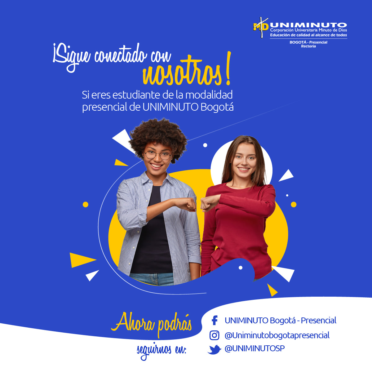 UNIMINUTOBtaSC's tweet photo. ⚠️ #EstudiantesUNIMINUTO y #GraduadosUNIMINUTO de programas de la modalidad presencial. Las redes sociales de UNIMINUTO San Camilo llegan a su fin 😢
Pero no te preocupes  😱

Te invitamos a seguirnos en nuestros nuevos perfiles y estar al tanto de toda la información

¡Síguenos! https://t.co/W32rVI4q08