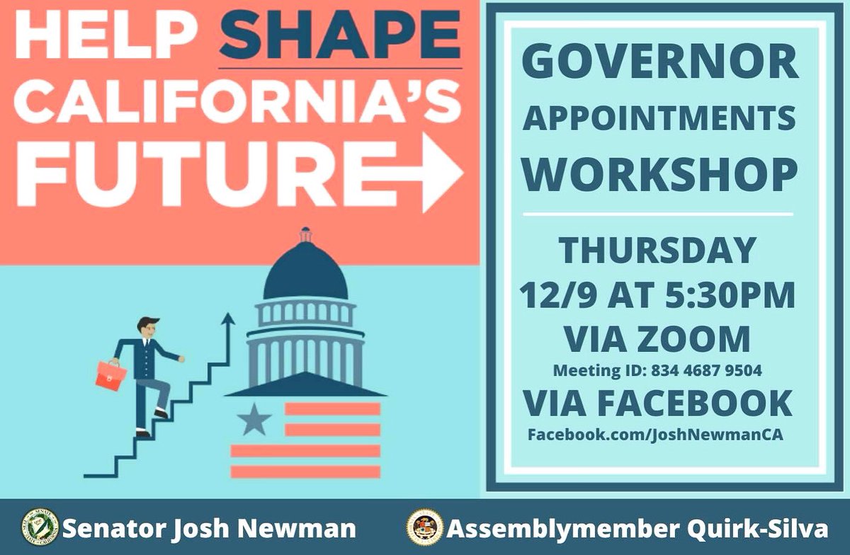 QuirkSilvaCA's tweet photo. Are you interested in helping to shape California’s future? Please join us on December 9th for an informational workshop on how to apply for an appointment in California State Government. For more information, please visit my page at https://t.co/pKKdqP1X8S #CAfuture https://t.co/AeNpWsSYQu