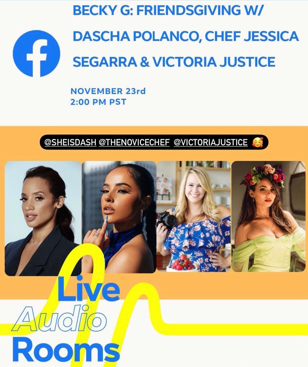 infovictoriabr's tweet photo. 🚨 Victoria Justice estará participando de um FriendsGiving no Facebook, organizada pela Becky G, e terá participações de: Dasha Polanco e a Chef Jessica Segarra. 

🔗 https://t.co/p0Rucya0pF https://t.co/iyFhp95DRj