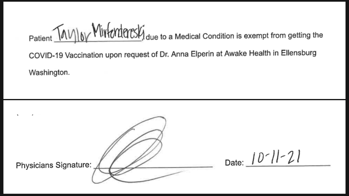 TaylorMirf's tweet photo. A WA doctor gave me a COVID vaccine exemption last month. 
She wrote I have "a medical condition." 
I do not. 
But she never asked me if that were true. 
My latest story on how Dr. Anna Elperin helped workers dodge state &amp; local vaccine mandates https://t.co/4ewnwc3Xd2 @CJIngalls https://t.co/L12QBJYQyr