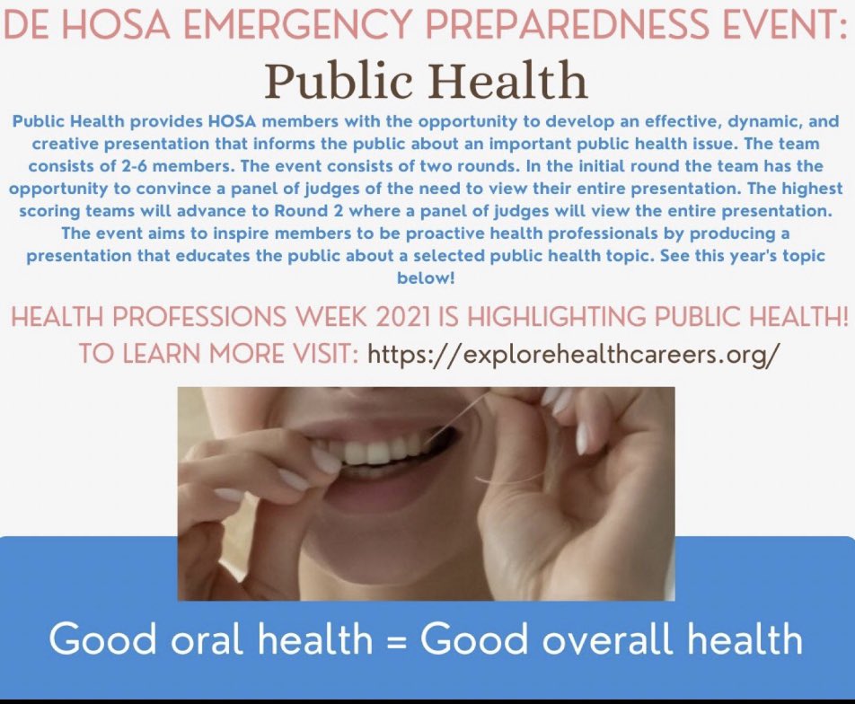 Public Health is an Emergency Preparedness event for 2-6 people! This year’s topic for Public Health is “Good Oral Health = Good Overall Health”. The event helps students increase their leadership skills and inform the public on a health or safety related issue. #publichealth