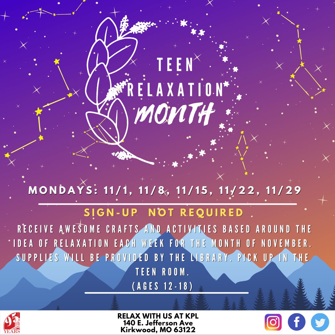 KirkwoodLib's tweet photo. Pop in the Teen Room each week in November to pick up different relaxation crafts and activities all month long! No sign-up required.
#athomewithkpl #funathomewithkpl #DiscoverMoreatKPL #relaxation https://t.co/j81QyS87wD
