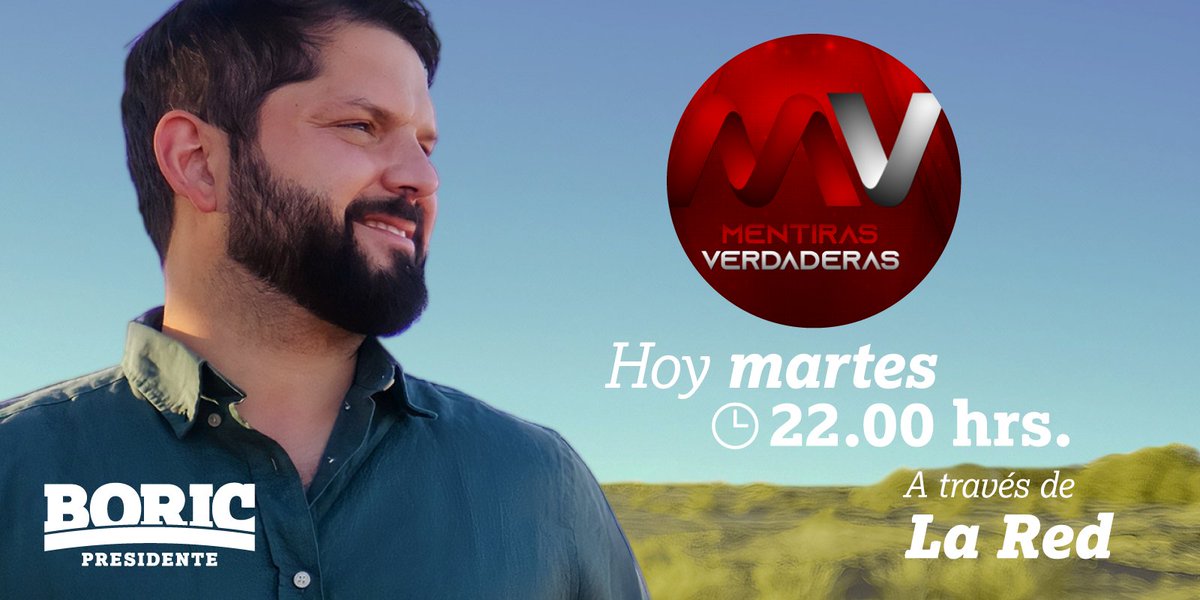 GabrielBoric's tweet photo. Acompáñanos hoy a conversar en @mentiraslared sobre el Chile en unidad que construiremos juntos, te esperamos a las 22 hrs en las pantallas de @laredtv. Hoy más que nunca necesitamos convocar, ¡actívate en las redes y los territorios!

#CandidatoBoricMV https://t.co/P4EBtR0rKH