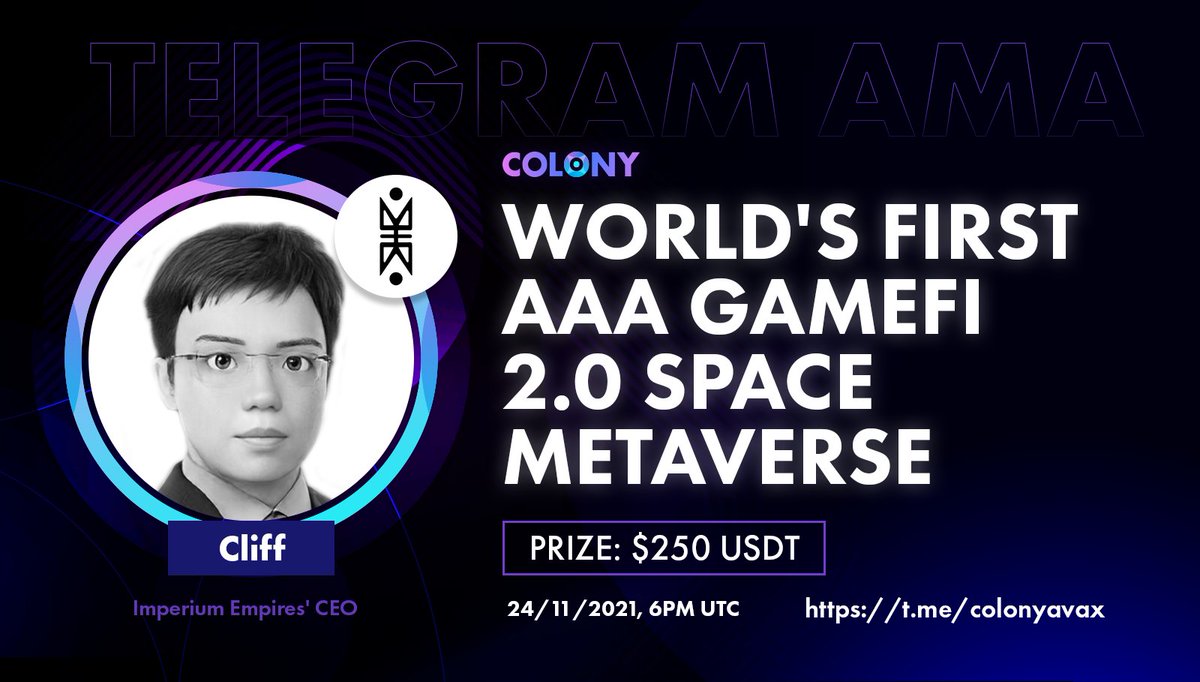 Want to learn more about <a href="/ImperiumEmpires/">ImperiumEmpires🔺| USD $3k+ FREE!</a>'s metaverse?🤩Join us for an #AMA, tomorrow, 6PM UTC!
📍: t.me/colonyavax
To take part and win, follow: Imperium &amp; Colony.
Then: Like, retweet, add your questions. 5 winners will be selected!💰_Prizes need to be claimed under 24h!