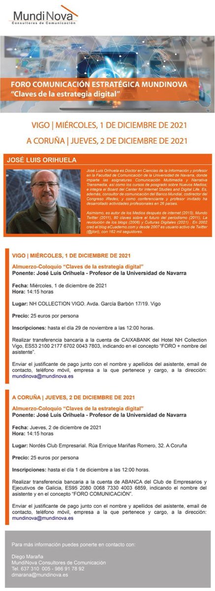 Adjunto información de dos eventos, en Vigo y Coruña <a href="/nordesclub/">Nordés Club Empresarial</a> , que hemos organizado <a href="/MundiNova/">MundiNova</a> con <a href="/jlori/">Jose Luis Orihuela</a>   experto en comunicacion digital, que puede ser de tu interés. 
 #Digital
#acoruña 
#comunicaciónestratégica