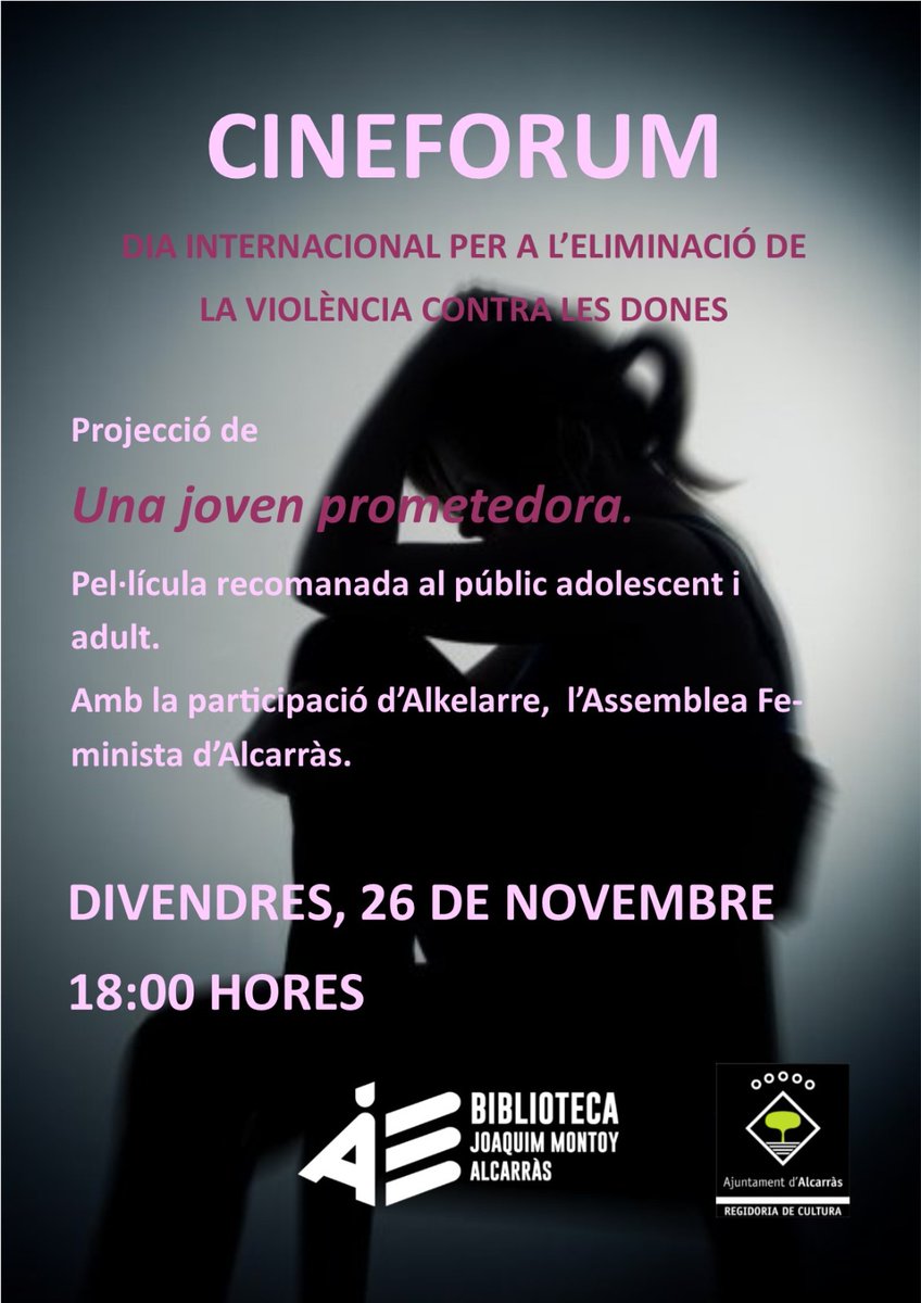 AssFemAlcarras_'s tweet photo. Aquest divendres 26 a les 18h, en motiu del #25N, col·laborarem amb la @BiblioAlcarras en el cinefòrum d'Una joven prometedora, d'Emerald Fennell👏

Debatrem sobre la violència masclista i la seva normalització. Us animem a participar! ✊

Seguim amb la lluita💜! https://t.co/MkuVth4LEm