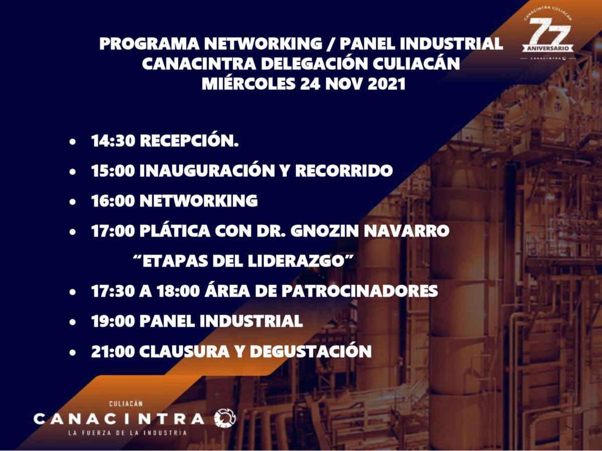 IndustrilabM's tweet photo. Canacintra Culiacán te invita al PANEL INDUSTRIAL Y NETWORKING este 24 de noviembre de 7 a 9 p.m en Centro Éfora. ENTRADA GRATIS !! NO TE LO PUEDES PERDER !!

#Industrilab #AsesoresEnInocuidadYCalidadAlimentaria #Canacintra https://t.co/0hQSlPMjVr
