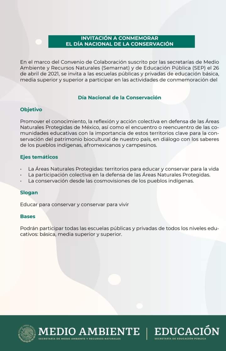 VinculacionTam's tweet photo. Con el objetivo de promover la reflexión y la acción colectiva en defensa de la áreas naturales, la @SEMARNAT_mx @SEP_mx @gobtam @EDUCATAM y #SEMSyS invitan a las instituciones públicas y privadas de todos los niveles a Conmemorar el día Nacional de la Conservación. #Tamaulipas https://t.co/7VB6KnmMat