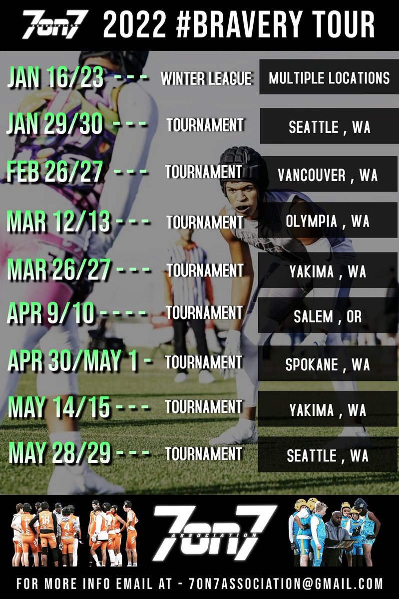 The7on7NW's tweet photo. 2022 7on7 Association #brAvery Tournament Tour schedule
-
2022 is going to be a 🎥 !!!
#AssociationVSEverybody #ItsDifferent https://t.co/ivxMjAOKFb