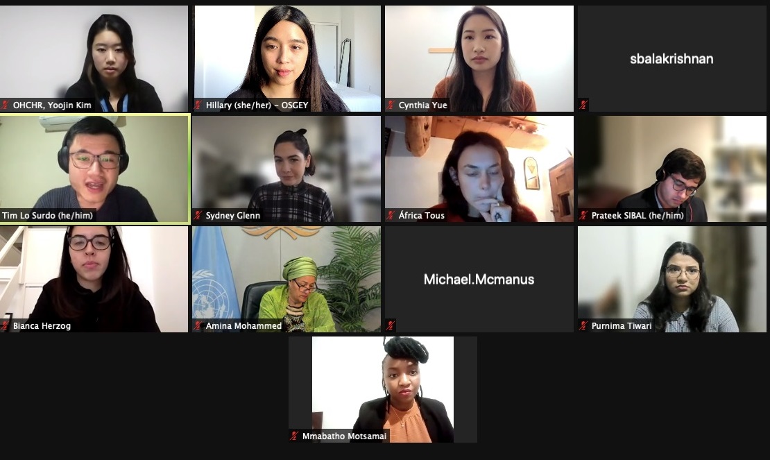 The picture shows young people in conversation with UN DSG Amina J Mohammed.