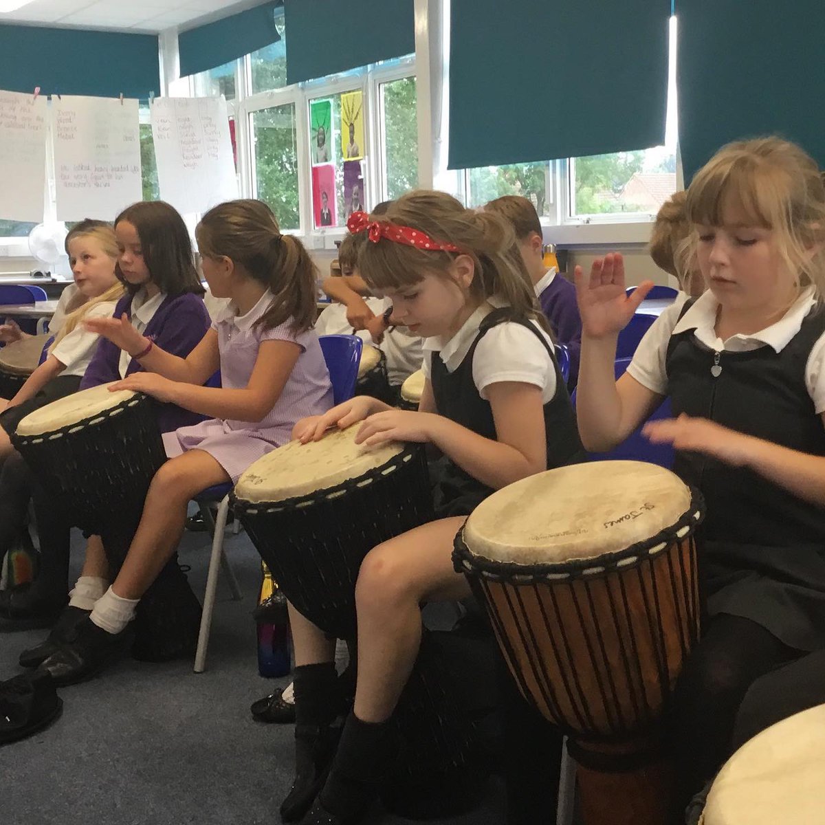 YR4 have been playing the West African Djembe drum as part of their learning about Benin. They enjoyed practising rhythms and taking it in turns to perform for the rest of the class. Thanks to @StJamesElstead for the loan of the drums

#DjembeDrums #KS2Music #Farncombe #Godalming