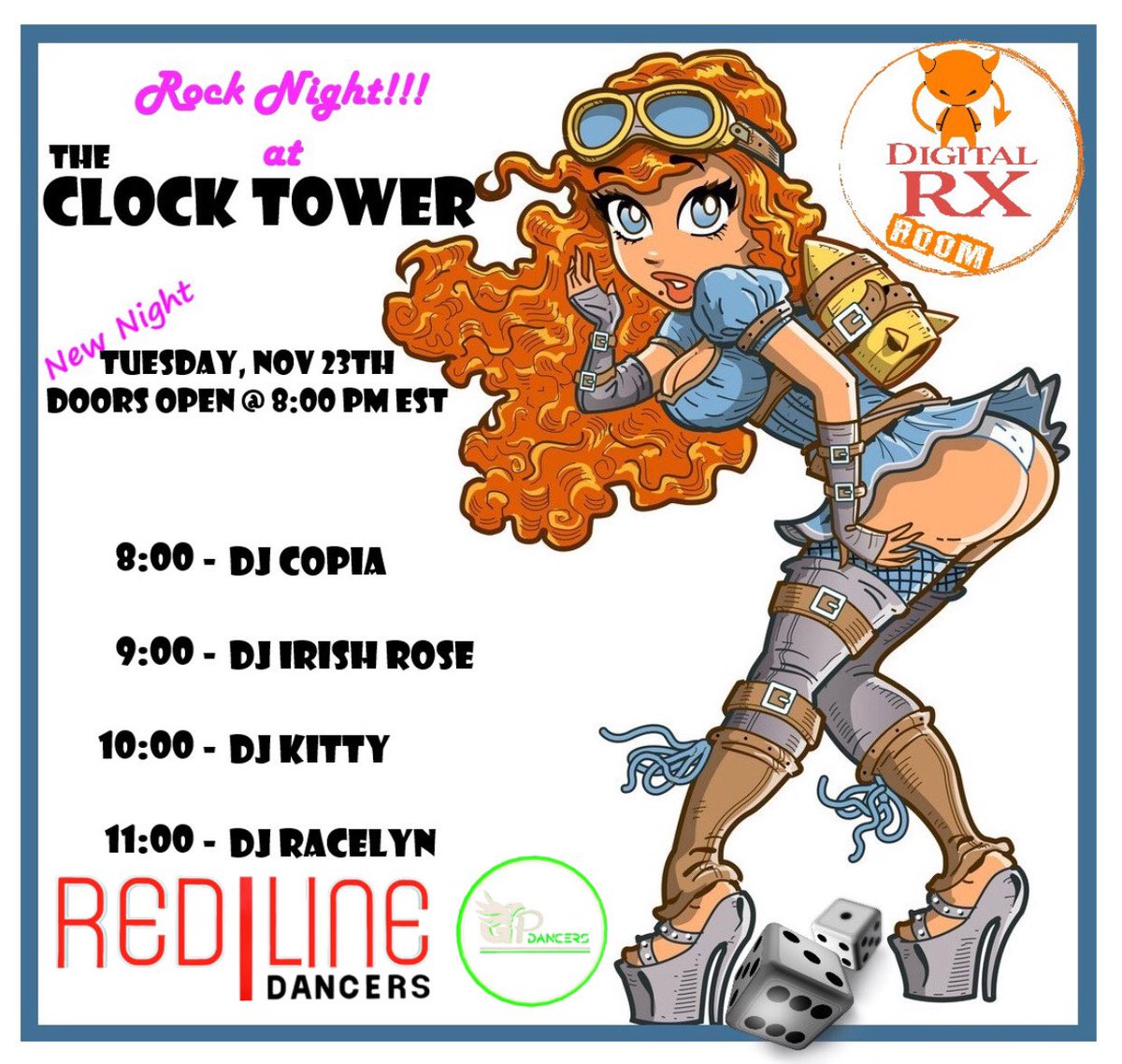 drx_rx's tweet photo. TONIGHT!!! Rock Night @ The Clocktower with DJ @copia3dx , DJ @WildIrishRoseXo, DJ @KittyPlay3DX , DJ @DJ_Racelyn #clocktower #drx #drxdjs #drxroom https://t.co/rzB6lM4Fbi