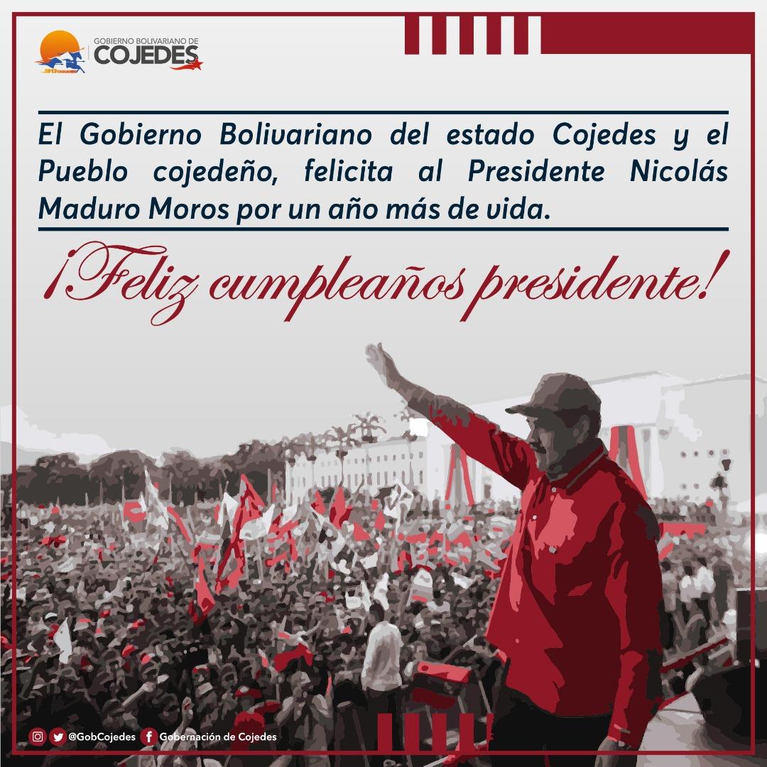 El <a href="/GobCojedes/">Gobierno de Cojedes</a> y el Pueblo cojedeño, felicita al Presidente <a href="/nicolasmaduro/">Nicolás Maduro</a>  por su cumpleaños.