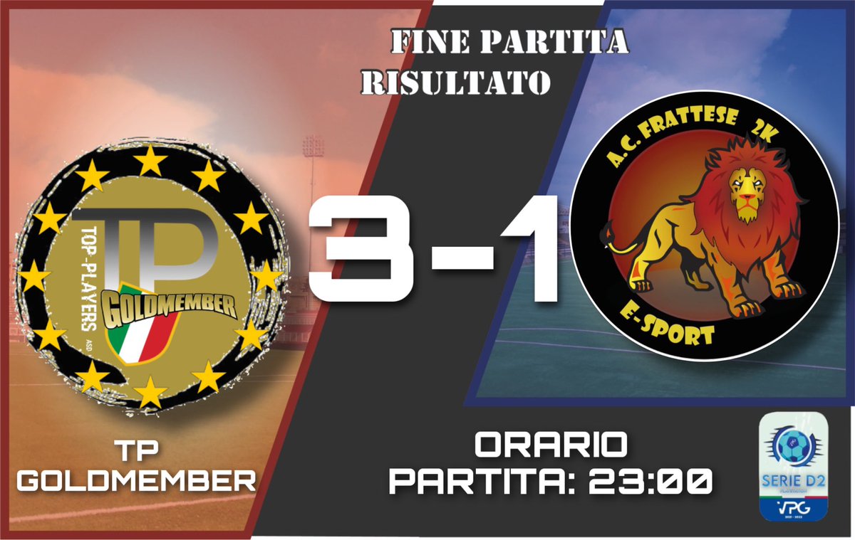 ⚽️FULL TIME⚽️
🗓 23/11/21

🕥 22:40
🆚 <a href="/OmegaPowers_/">Omega Powers</a> 
🏆 <a href="/VPG_Italy/">VPG Italy</a>-#serieD2 
❌ 0-1

🕥 23:00
🆚 @gold_ps4 
🏆 <a href="/VPG_Italy/">VPG Italy</a>-#serieD2 
❌ 3-1