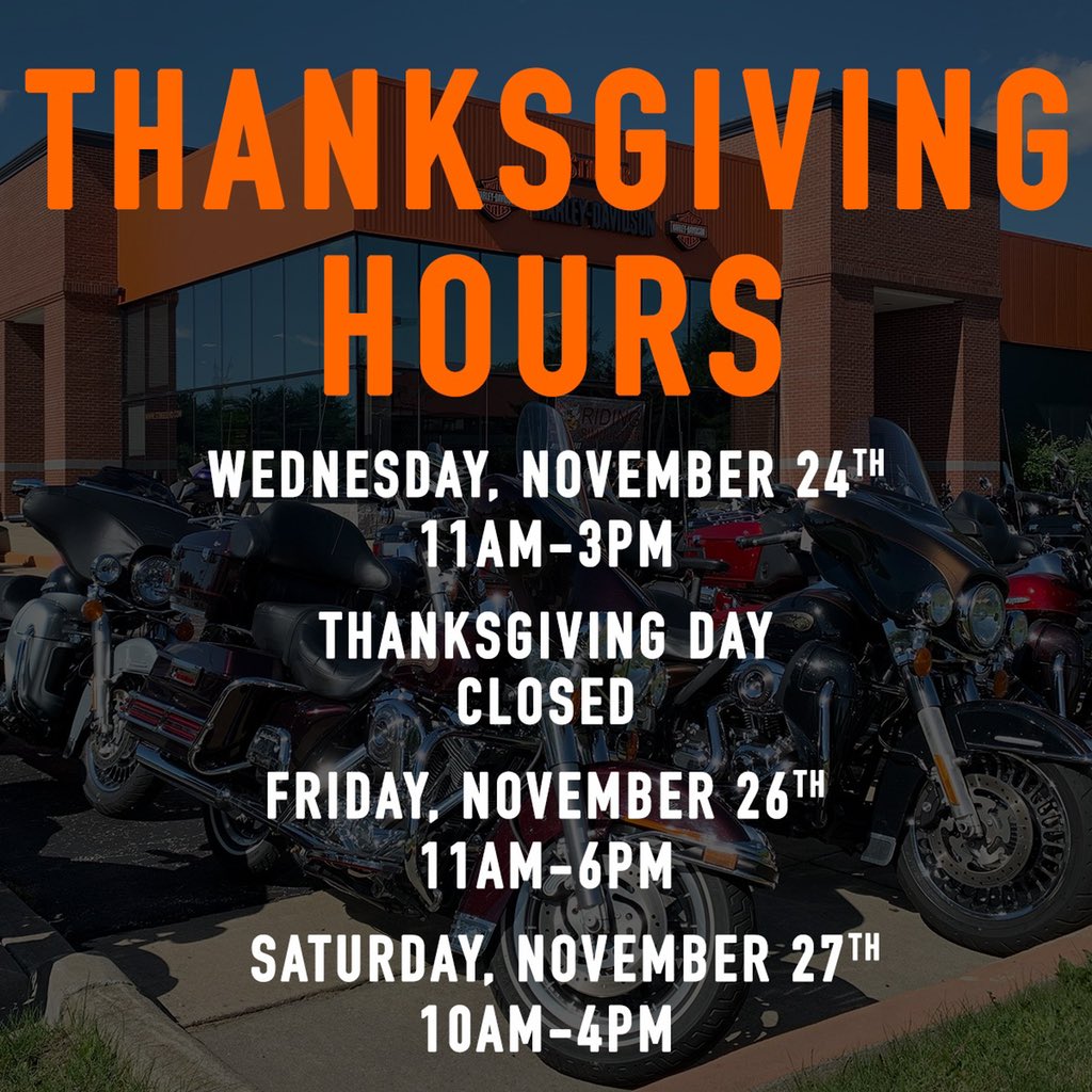 StingerHarley's tweet photo. Just a little reminder of our hours the next couple of days. ⏰
Wednesday, November 24th the store will close at 3pm and we will be closed Thanksgiving day. We will see all of you shoppers for our Black Friday Weekend event at 11am on Friday morning. 🛍 Link in bio for more info. https://t.co/5cZaRERF5j