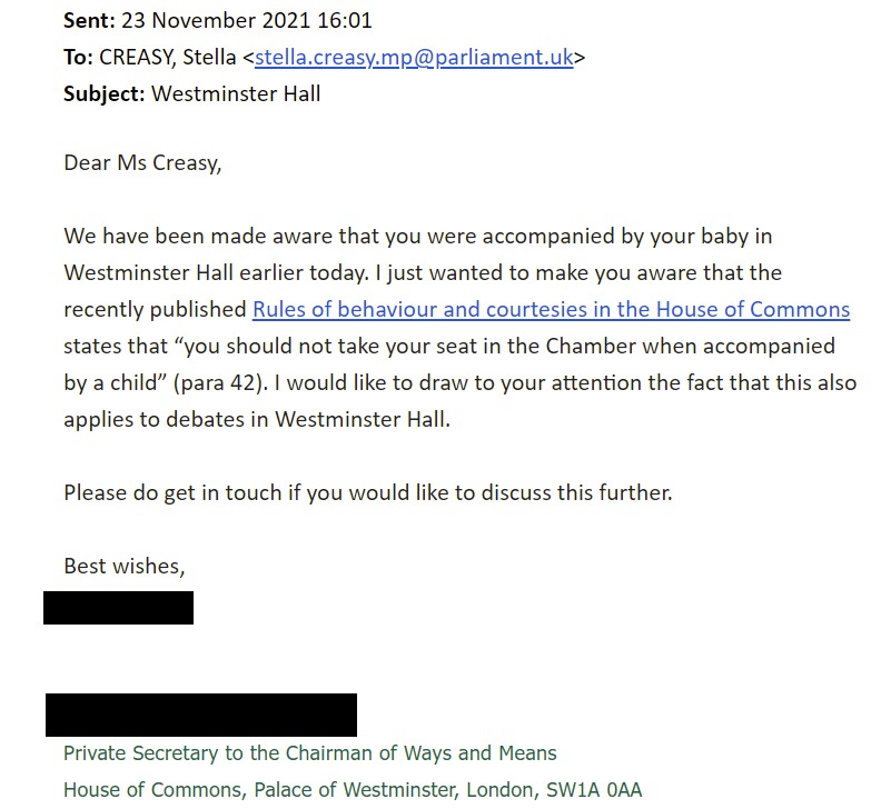 Apparently Parliament has written a rule which means I can’t take my well behaved, 3-month old, sleeping baby when I speak in chamber. (Still no rule on wearing masks btw). Mothers in the mother of all parliament are not to be seen or heard it seems…. #21stCenturyCalling