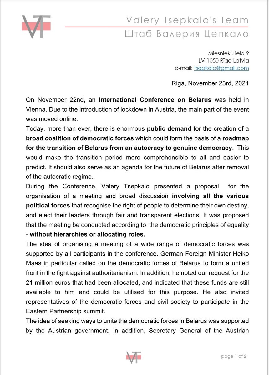 ValeryTsepkalo's tweet photo. There is enormous public demand for the creation of a broad coalition of democratic forces which could form the basis of a roadmap for the transition of #Belarus from an #autocracy to genuine #democracy - my views on Conference on Belarus held Nov.22nd in #Vienna 🇦🇹 https://t.co/8YZR7JMytq