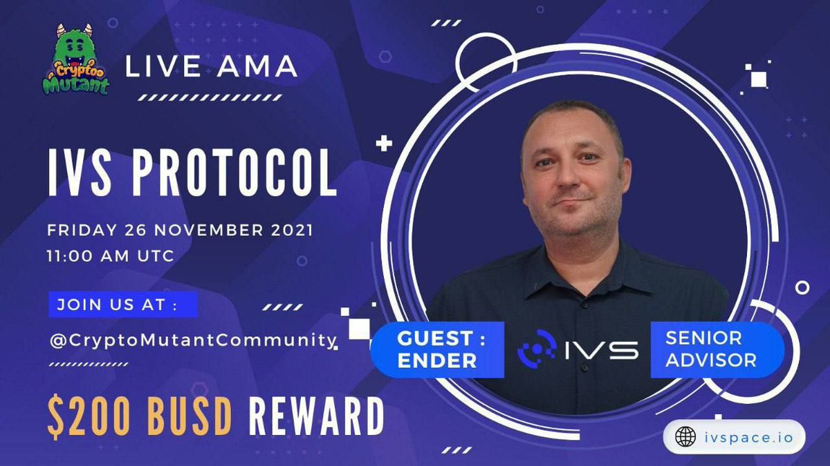 CryptoMutant (@cryptomutant) on Twitter photo Next AMA!
t.me/CryptoMutantCo…
26 November 2021 | 11 : 00 AM UTC
👉ivspace.io
💴 5 Best Questions will be selected
✅Follow : <a href="/IVSProtocol/">Infinite Virtual Space</a>
✅Join :@InfiniteVirtualSpace_Global
✅Like & RT, tag 3 friends,ask questions bellow🚀
#CryptoMutant #AMA #IVSProtocol Next AMA!
t.me/CryptoMutantCo…
26 November 2021 | 11 : 00 AM UTC
👉ivspace.io
💴 5 Best Questions will be selected
✅Follow : <a href="/IVSProtocol/">Infinite Virtual Space</a>
✅Join :@InfiniteVirtualSpace_Global
✅Like & RT, tag 3 friends,ask questions bellow🚀
#CryptoMutant #AMA #IVSProtocol
