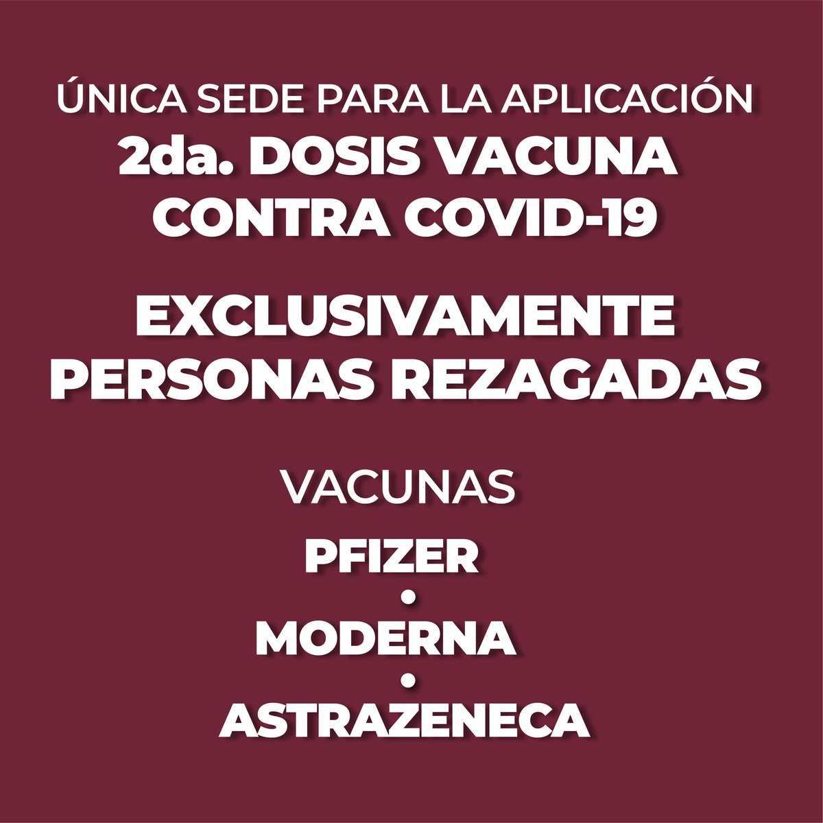 GabyGamboa_S's tweet photo. ¡ATENCIÓN! 

Desde hoy y hasta el 25 de noviembre se aplicará la 2da dosis de la vacuna contra el #COVID19 exclusivamente a personas REZAGADAS que recibieron su primer dosis de vacuna Pfizer, Moderna o AstraZeneca y que no han completado su esquema vacunación. https://t.co/2FCa1sycJz