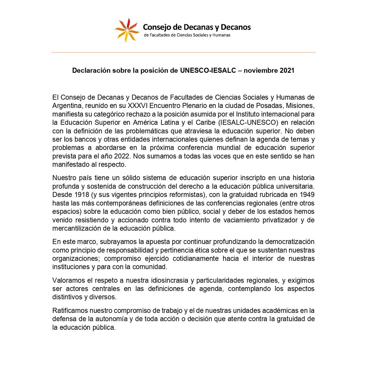 CodesocOK's tweet photo. 👉Compartimos a continuación la Declaración sobre la posición de UNESCO-IESALC – noviembre 2021 https://t.co/B0o20Opi5W