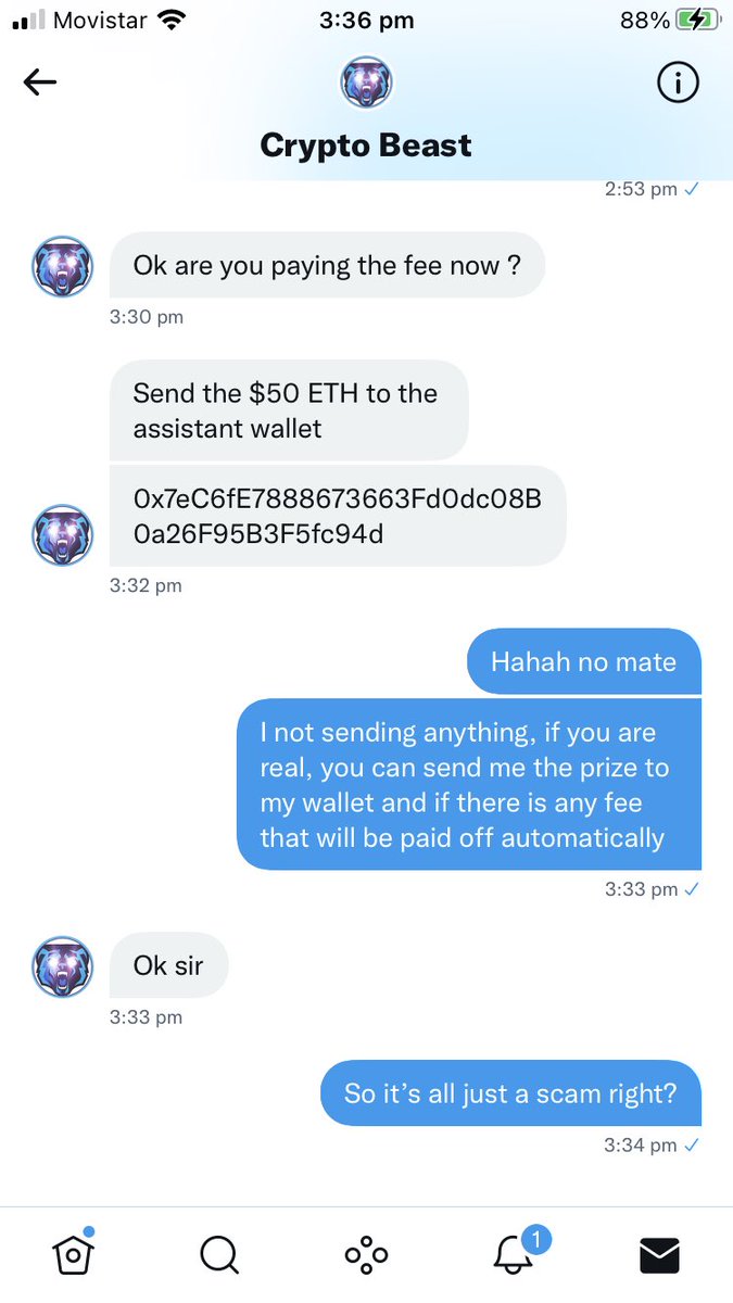 emeferrryra's tweet photo. @CryptooBeast Let’s report this scammer. He contacted me for a giveaway.

He tried to take money from me https://t.co/KE68sBKakW