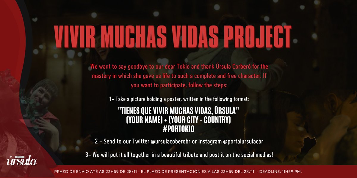 UrsulaCorberoBR's tweet photo. VIVIR MUCHAS VIDAS PROJECT!
We know how painful and sudden Tokio's death was for everyone, including Úrsula.
So we organized a tribute to say goodbye and to show her all our gratitude and respect for her incredible work in La Casa de Papel.
Be sure to participate! #PORTOKIO https://t.co/3NTbyswTfU
