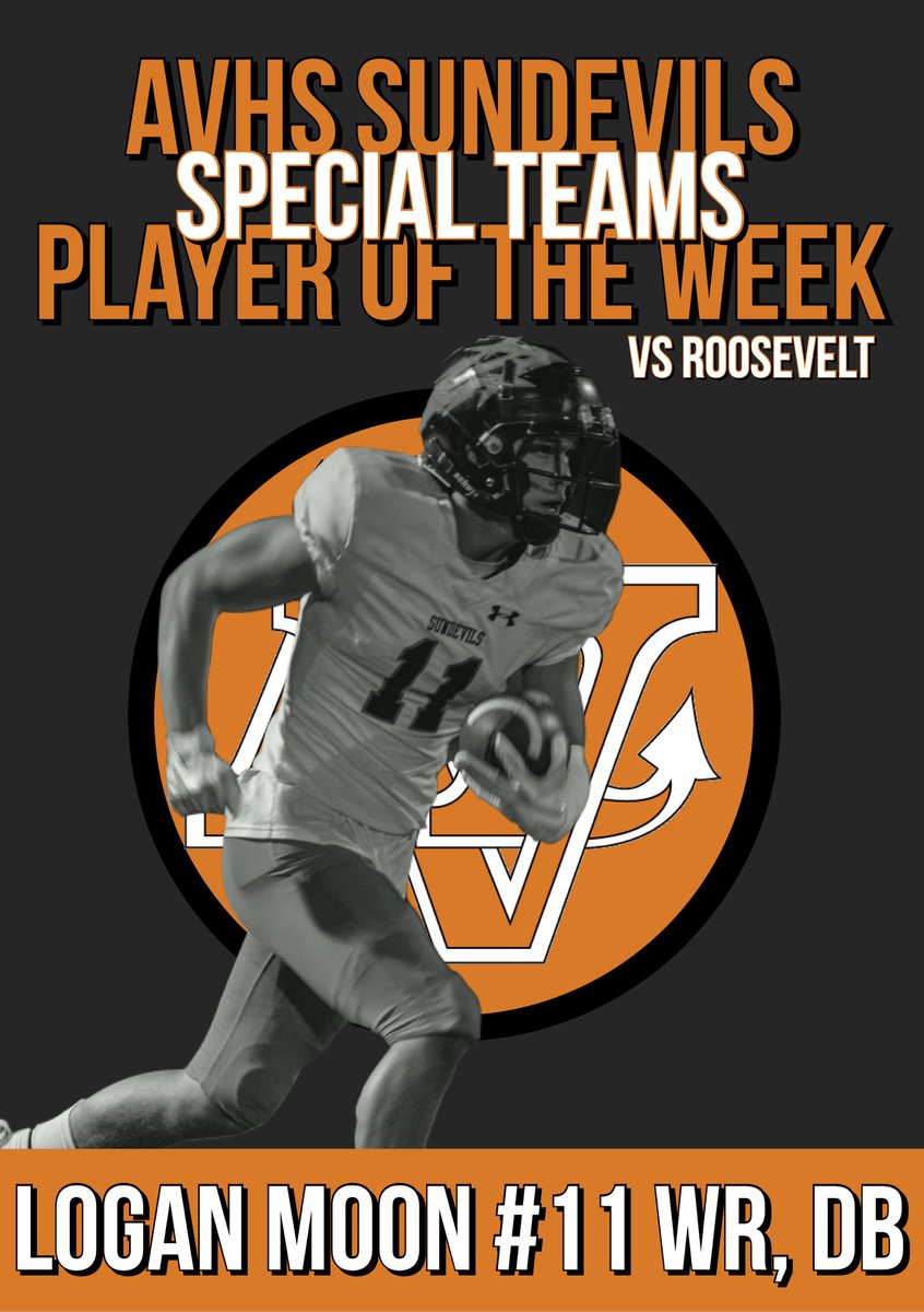 AVSunDevilFB's tweet photo. Logan Moon set up our offense great with 4 kIck off returns for 102 yards  last week vs Roosevelt. Shout out to the Player of the Week for Special Teams, Logan Moon. @Logan_Moon3 🔱
•
🤘#GoDevils #D3 #Playoffs #CIF #SunDevilPrideIsContagious https://t.co/R5gVZMEXN8