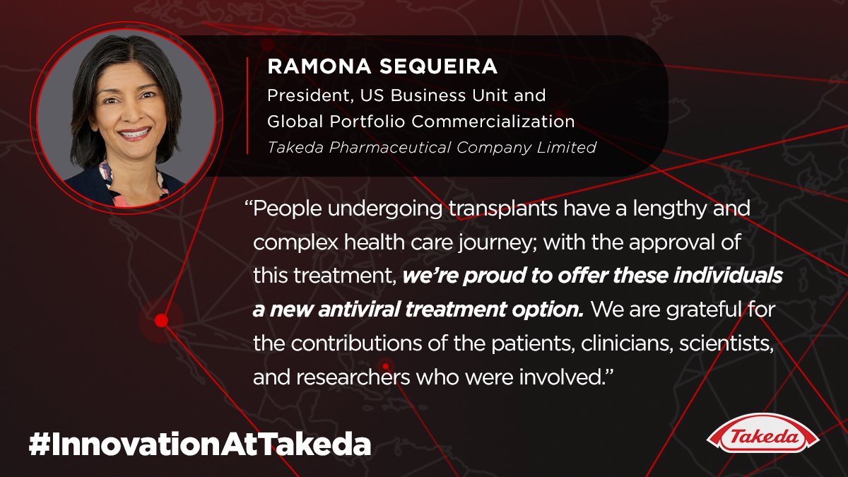 TakedaPharma's tweet image. We are thrilled to announce that Takeda received @US_FDA approval for an antiviral treatment option for transplant patients. We are eager to support those in this underserved patient population. Read our press release here: bit.ly/3CNoD9F #FDA #InnovationAtTakeda