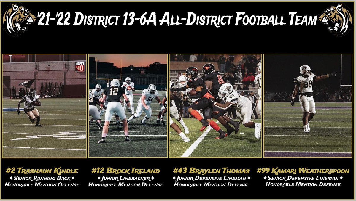 ConroeTigersFB's tweet photo. Congratulations @KindleTrashaun, @bireland_12, @BraylenThomas4, @KamariWeathers1 
#SicEmTigers🐅 https://t.co/qiOzWwlANr