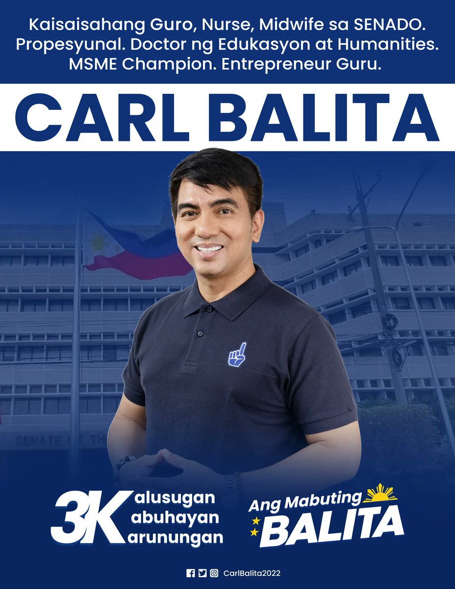 drcarlbalita's tweet photo. Ako po si CARL BALITA
... propesyunal sa 3 larangan
... MSME champion
... aral sa pinakamataas na antas
... Handang kumatawan sa kalusugan, kabuhayan, karunungan
... mabuting BALITA para sa yo. https://t.co/rYZjnPjRqY