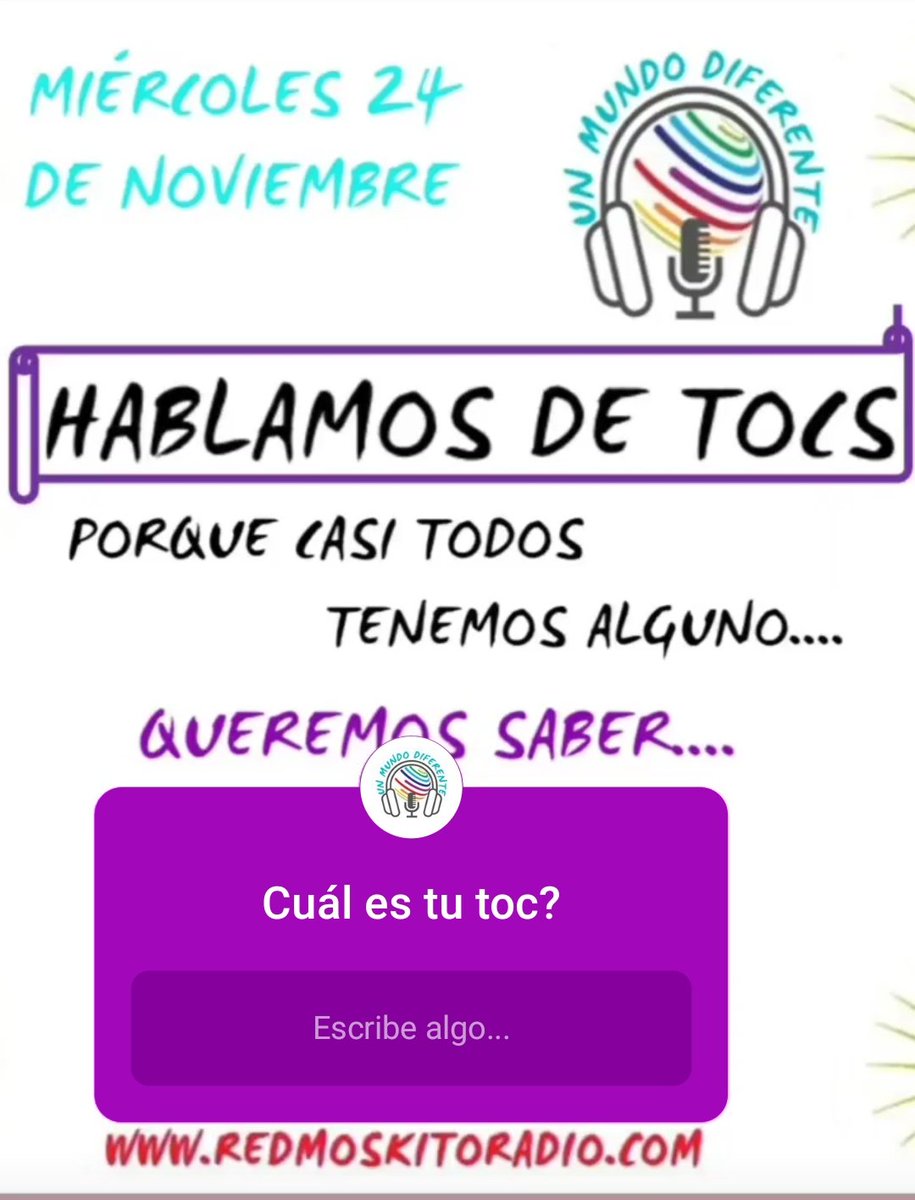 UnMundook's tweet photo. Mañana miércoles 24 de noviembre en #UnMundoDiferente hablamos de #tocs. Nos contas el tuyo.... Responde en Instagram! Y no te olvides de escucharnos aa la 19hs.... https://t.co/GZDQ58HB1h https://t.co/1CDhtG58et