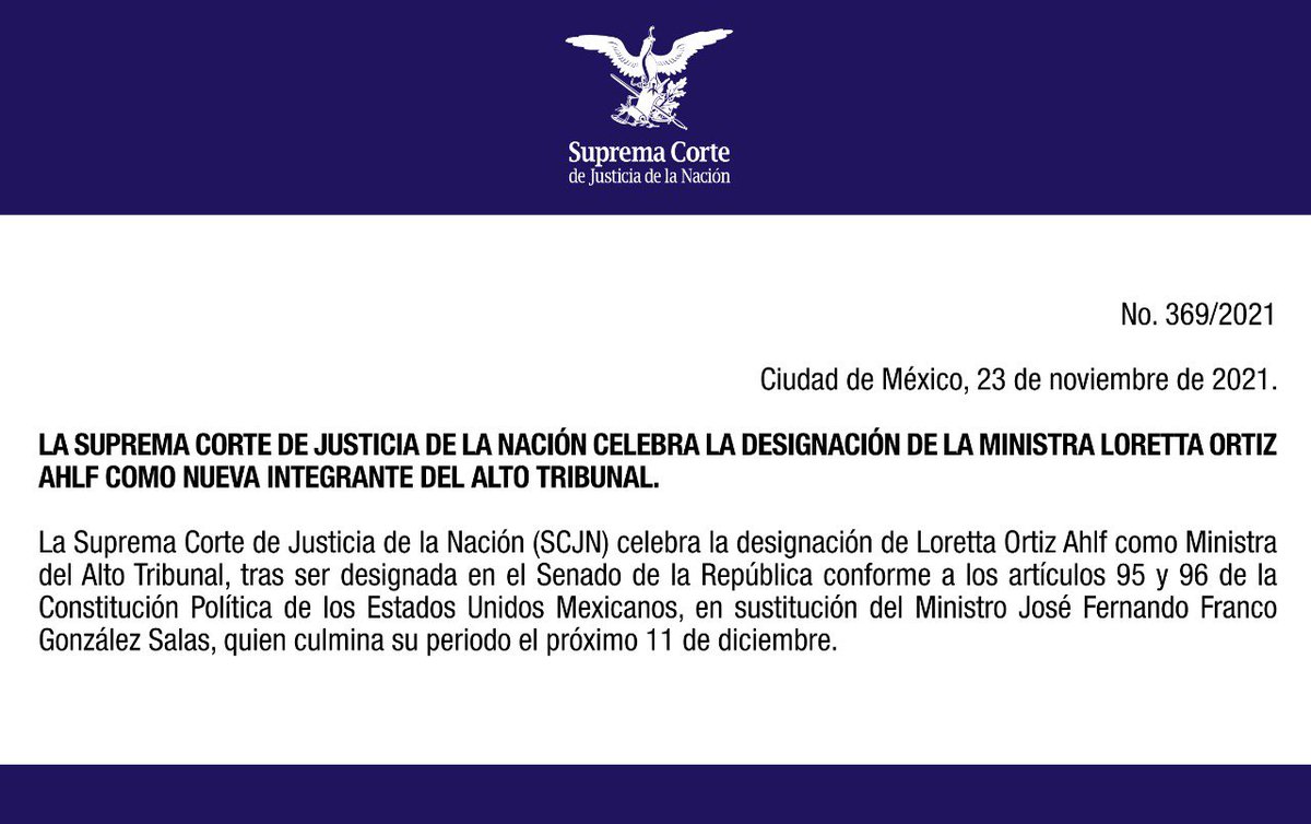 SCJN's tweet photo. La Suprema Corte de Justicia de la Nación celebra la designación por parte del Senado de Loretta Ortiz Ahlf como Ministra del Alto Tribunal en sustitución del Ministro José Fernando Franco González Salas. https://t.co/Lp2cf07z9h